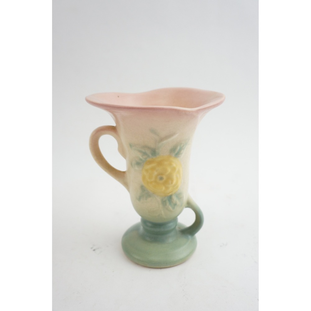Hull Pottery‎ Vase Double Handle Pink Yellow Camellia Open Rose - Picture 2 of 6